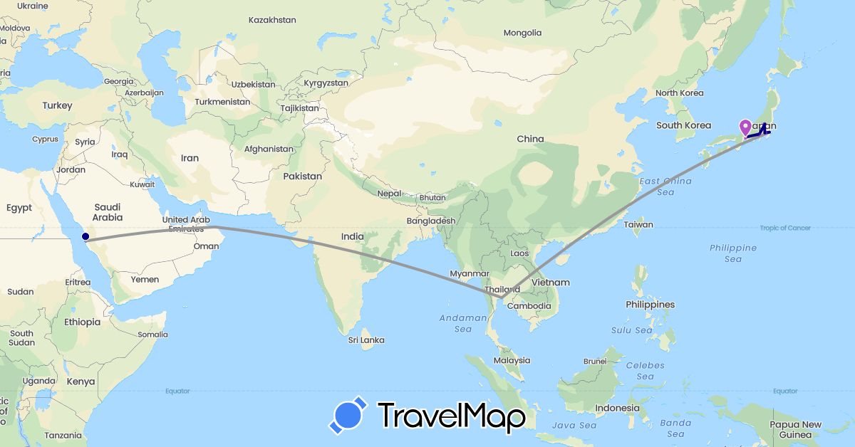 TravelMap itinerary: driving, plane, train in Japan, Oman, Saudi Arabia, Thailand (Asia)